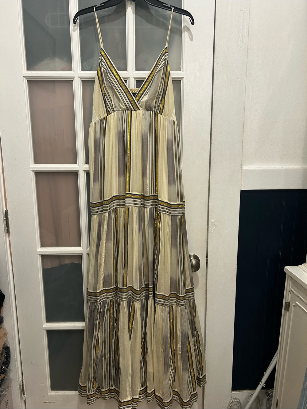 NEW! Banana Republic Zephyr Ivory Blue Gold Stripe Tiered Maxi Dress Size Medium - Picture 4 of 16